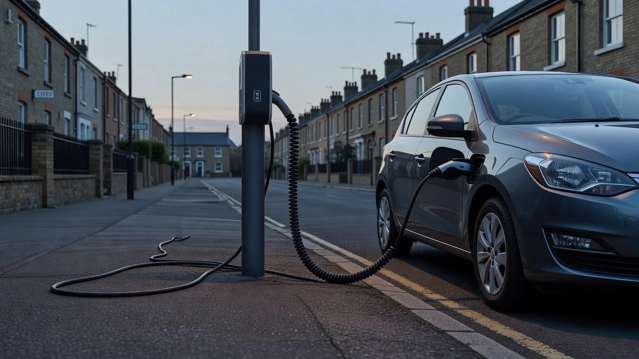A narrow residential street in an English town at dusk with an electric car parked at the kerb connected via a recessed cable gully to a lamp-post charger