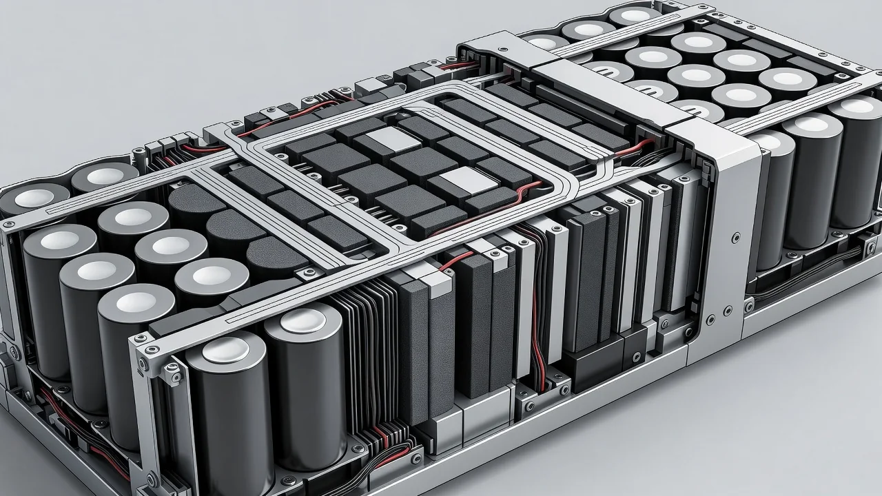 Cross-section of an EV lithium-ion battery pack showing layered cells and thermal management channels