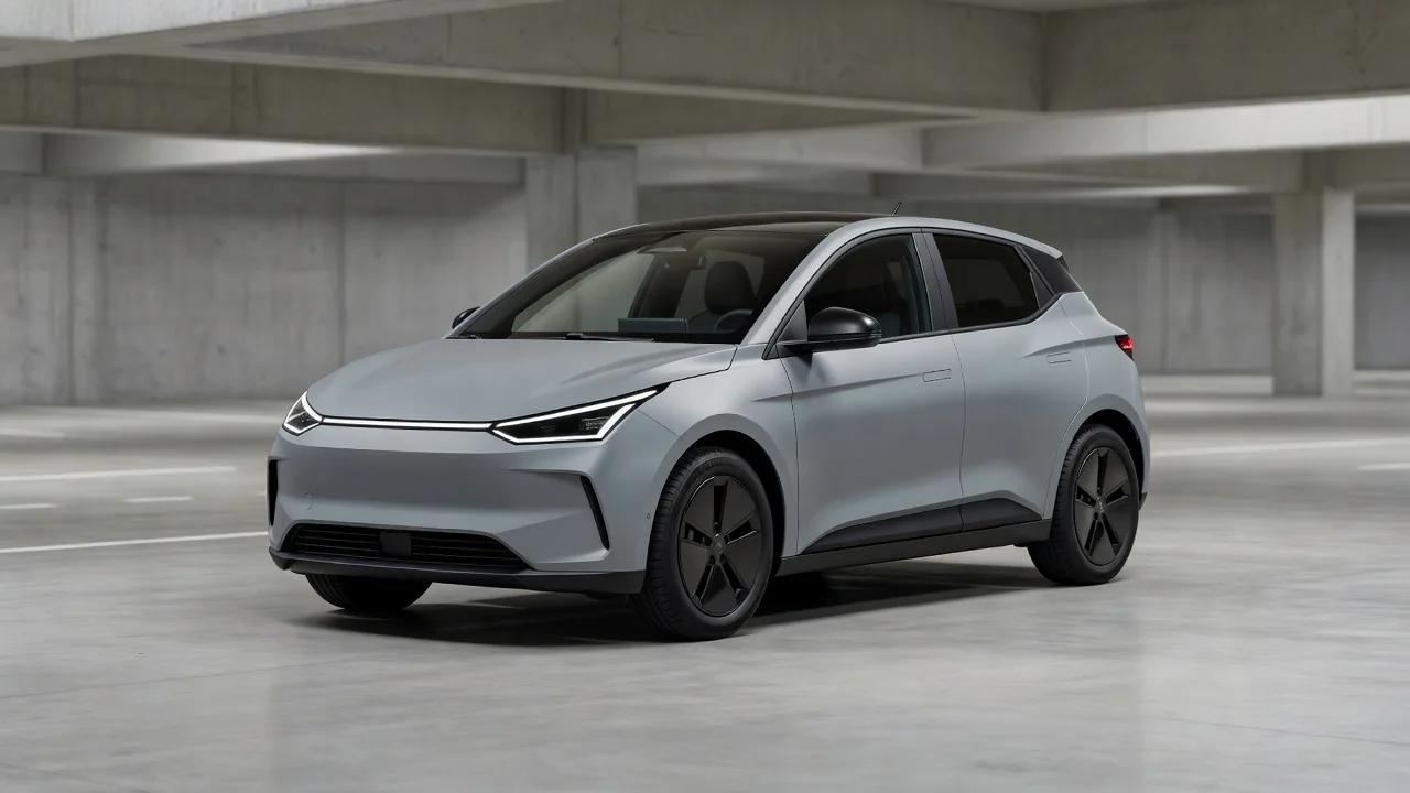 Side-by-side comparison of electric hatchback, crossover and saloon parked on a rainy British high street with drivers checking boot space