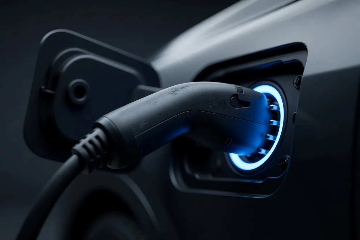 Driver connecting a CCS2 cable to an electric car at a motorway rapid charging station with digital display showing 142 kW