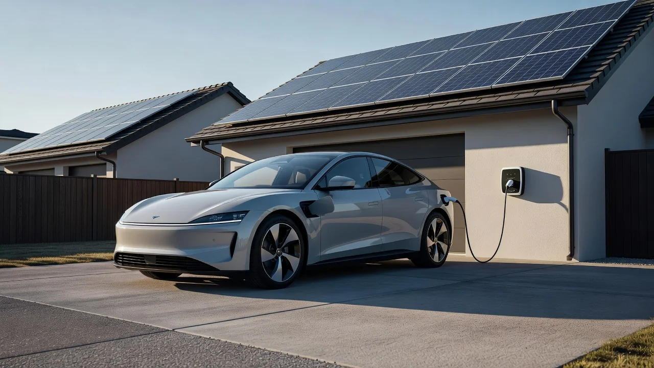 A new electric family SUV parked outside a suburban home with a wall-mounted Type 2 charger and British number plates