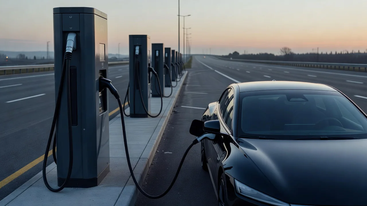 Electric vehicle charging at a highway station during a sunny road trip