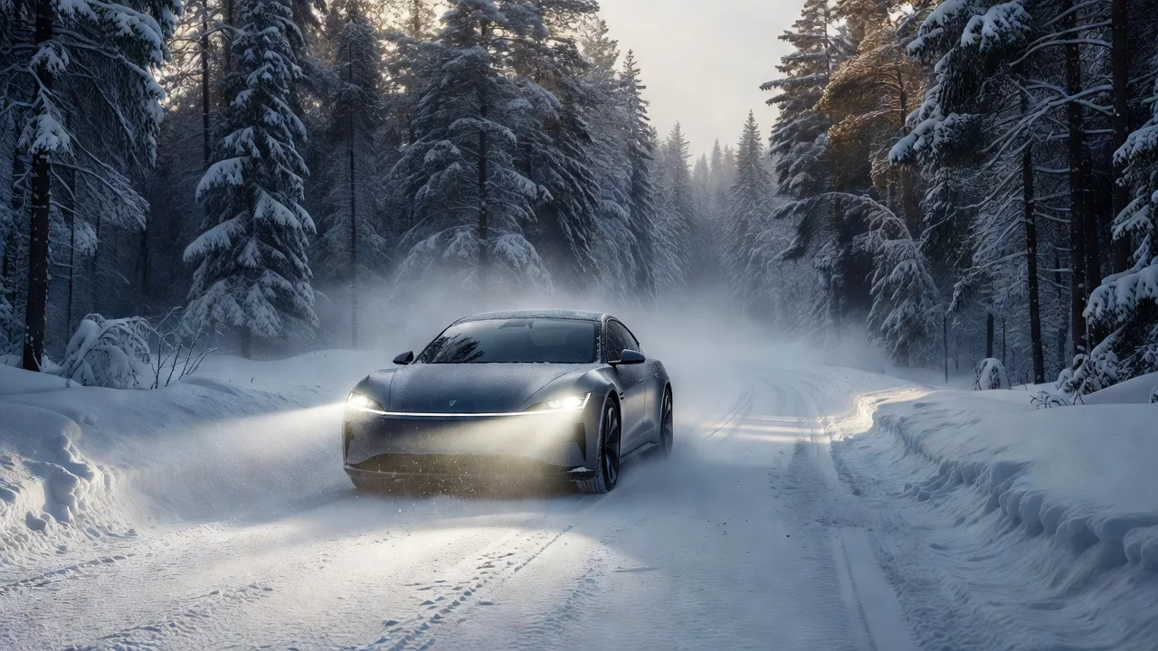 Electric car driving on snowy highway in winter showing reduced range display