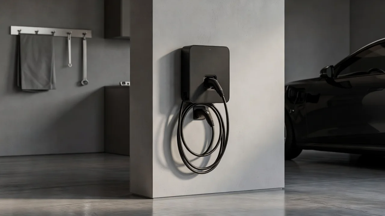 Modern home EV wallbox installation on a brick wall with connected cable and LED status lights