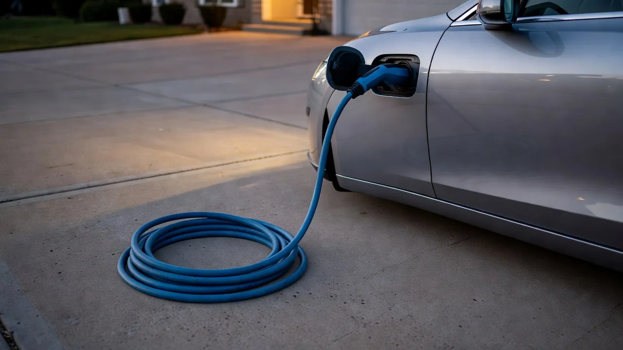 A British driver checking the range display on a modern EV dashboard while parked at a suburban home with a visible wallbox charger