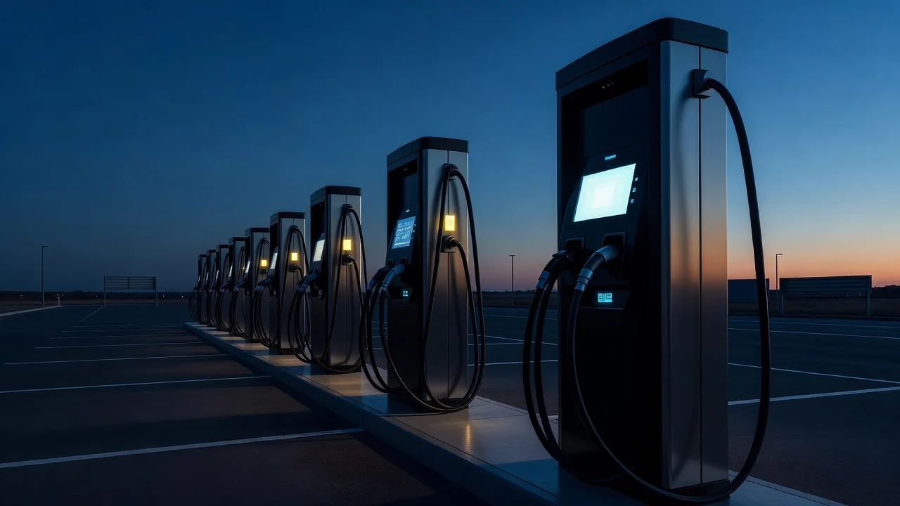 Busy UK motorway service area with multiple rapid EV chargers in use, drivers checking phones and contactless terminals under overcast skies